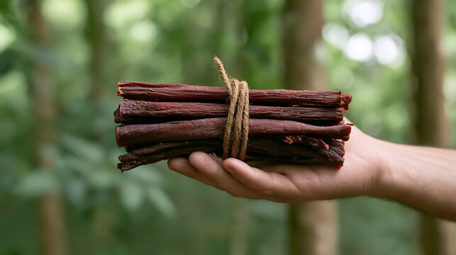 A hand holding a bundle of savory dried meat sticks tied with rustic twine in a lush green forest setting for outdoor camping adventure