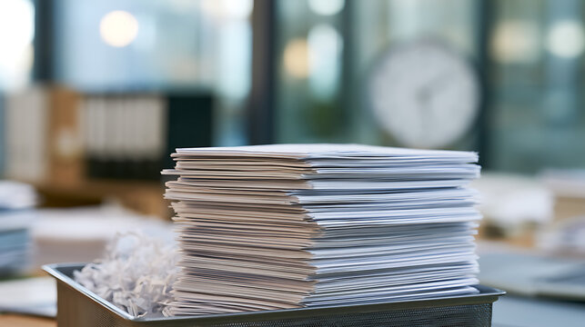 A tall stack of white paper documents sit inside a black tray on an office desk, representing heavy workload, bureaucracy, and admin