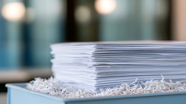 A neat stack of white paper documents sit beside piles of confetti waste inside a modern office room representing corporate admin tasks
