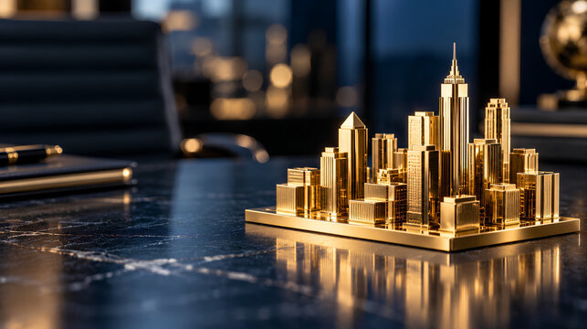 Geometric miniature city skyline forged from solid gold on a dark navy desk