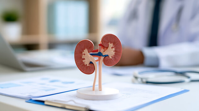 A medical professional sitting at a desk with an anatomical kidney model and a stethoscope in a bright modern hospital consultation room
