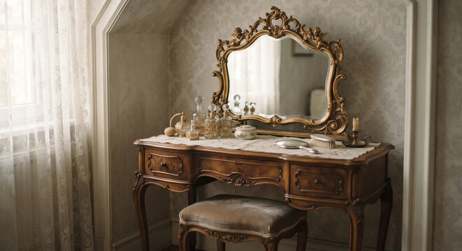 Ornate gold-framed mirror sits on an antique wooden vanity table in a classic bedroom.