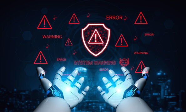 A striking visual of a robotic hand illuminated with blue light, surrounded by digital warning alerts, showcasing a blend of technology and security in a modern city backdrop. Cyphers