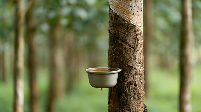 Natural latex collection from para rubber tree Hevea brasiliensis in a plantation, showing sustainable harvest method for raw material