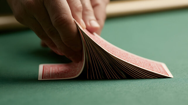 Close-up of hands bridge shuffle a deck of red playing cards on a green felt table surface, creating a dynamic sense of motion and gam