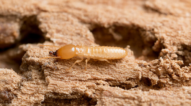 Close-up of a subterranean termite Isoptera crawling on damaged wood grain texture surface, pest control and wood damage concept background