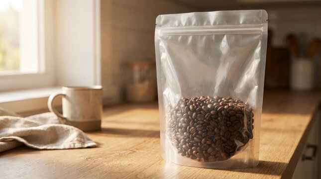 Coffee bean bag with roasted beans on sunlit wooden kitchen counter beside ceramic mug and folded towel, home kitchen still life