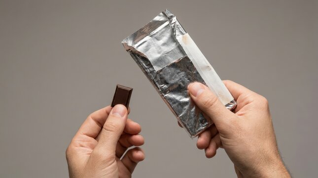 Hands holding a small chocolate bar and opened silver foil wrapper against a neutral gray background, closeup food packaging scene