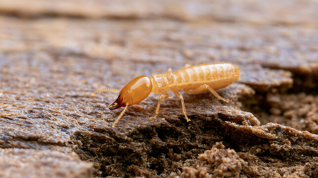 Close-up of a termite insect, known scientifically as Isoptera, crawling on a textured wooden surface in a detailed macro nature photography