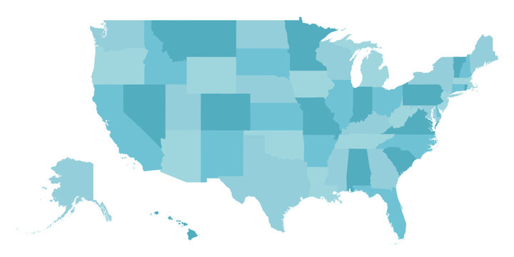 The map displays the layout of the United States with all states clearly outlined. Alaska and Hawaii are also included in the design. The states are in varying shades of blue.
