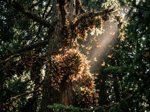 Monarch Butterfly Swarm in Sunlit Forest Tree Trunk