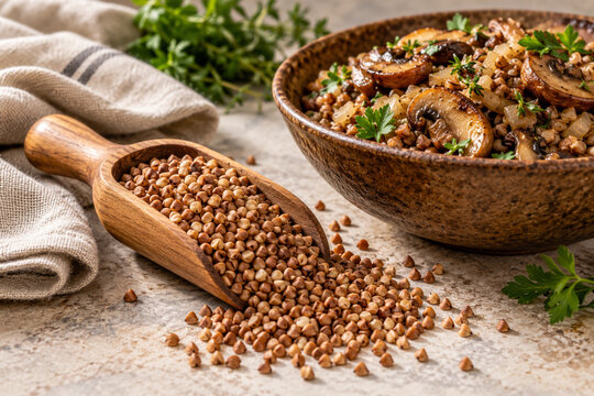 Cooked buckwheat with mushrooms and herbs served in a rustic brown ceramic bowl