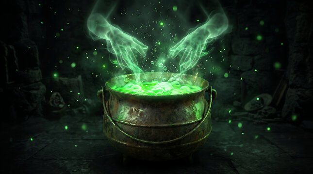 Witch's hands over a cauldron with a magic potion in a dark room. Witch casting spells on Halloween night