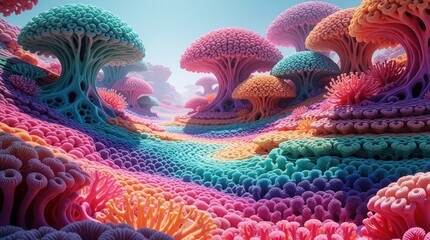 Fototapeta premium Surreal alien landscape with colorful mushroom shaped trees, coral textures. Vibrant fantasy world features organic shapes in pink, blue, orange hues. Extraterrestrial environment shows strange