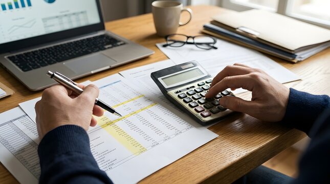 Close-up of an accountant's hands operating a calculator while checking printed spreadsheets beside an open laptop, detailed financial tables, organized paperwork, warm wooden desk.