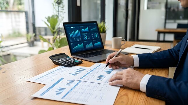 Professional financial analyst reviewing business performance on a laptop with blue charts and graphs, hands holding a pen above printed financial reports, black calculator on a wooden desk.