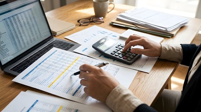 Close-up of an accountant's hands operating a calculator while checking printed spreadsheets beside an open laptop, detailed financial tables, organized paperwork, warm wooden desk.