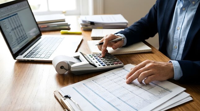 Close-up of an accountant's hands operating a calculator while checking printed spreadsheets beside an open laptop, detailed financial tables, organized paperwork, warm wooden desk.