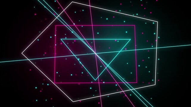 Neon geometric abstract background, with pulsing laser, light lines and, particles