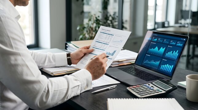 Close-up of a financial consultant holding a printed report while comparing figures with a laptop dashboard showing blue business charts, calculator and organized documents on the desk.