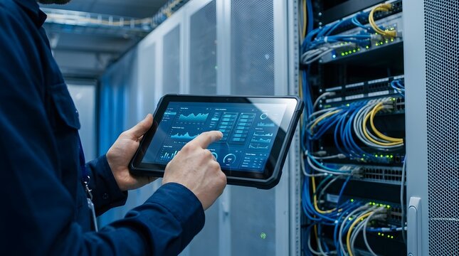 Close-up of an IT professional holding a tablet with blue data visualization charts in a modern server room, rows of network equipment and organized cables in the background.