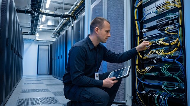 Network engineer in professional workwear inspecting server cabinet connections while checking a tablet, detailed fiber optic and Ethernet cables, organized data center infrastructure.