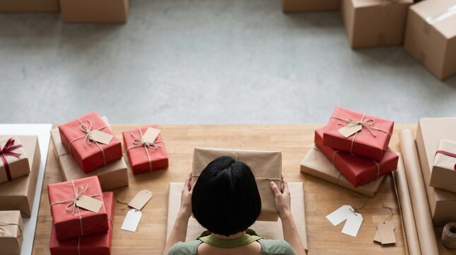 Woman wrapping gifts for shipping with brown paper and red boxes