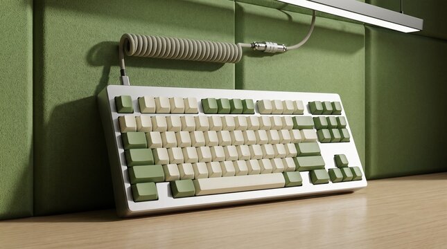 Custom mechanical keyboard featuring green and beige keycaps connected by coiled braided cable on wooden desk