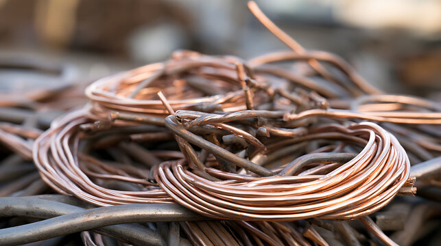 Recycled scrap metal copper wire piles ready for industrial processing and material recovery at recycling center scrapyard facility site