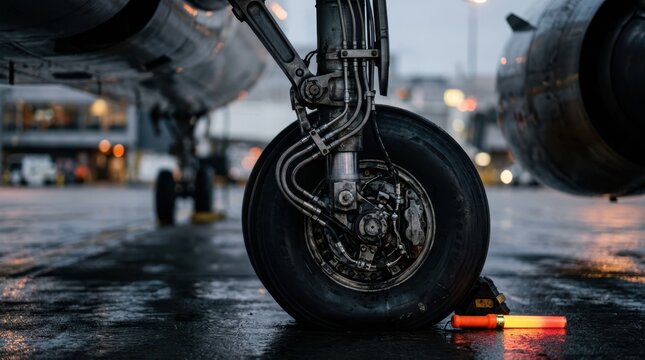Aircraft landing gear strut with wheel hub, hydraulic lines, reflective tarmac, and marshaller baton beside fuselage