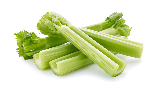 Fresh green celery stalks or Apium graveolens isolated on a clean white background, perfect for healthy food and cooking concepts