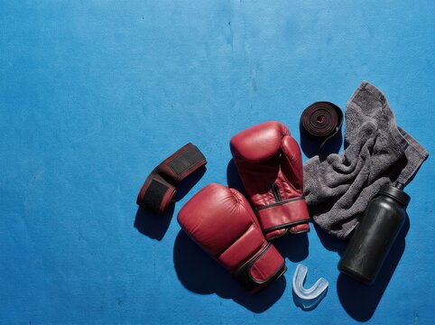 Boxing workout gear on blue training mat with gloves and bottle