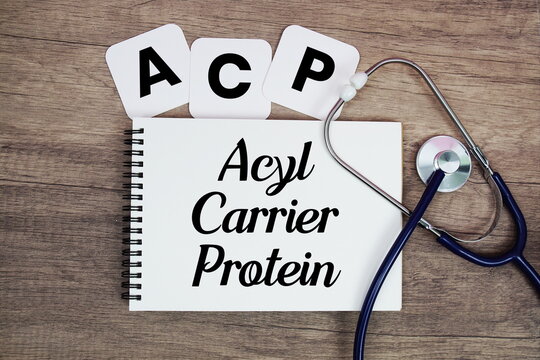 ACP Acyl Carrier Protein text written on notepad with stethoscope on wooden background