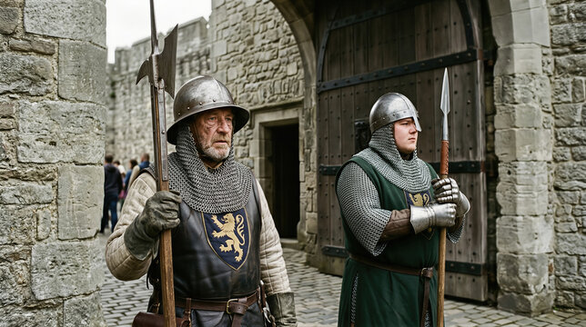 Two soldiers wearing medieval armor standing guard at castle gate. Men in chainmail and helmets holding spear and poleaxe. Historical reenactment of Middle Ages soldier patrolling fort.