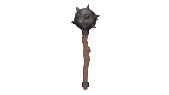 3d rendering of a medieval mace with spikes on a wooden handle