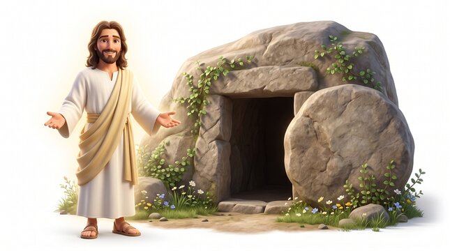 Jesus Christ stands smiling with open arms next to an empty tomb adorned with vines and flowers