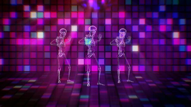 party skeleton dancing, three glowing x-ray skeletons in neon, disco nightclub with colorful tile lights animation 4k.