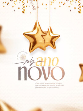 Feliz Ano Novo 2025 bal&otilde;es dourados Post Card Insta Template Banner