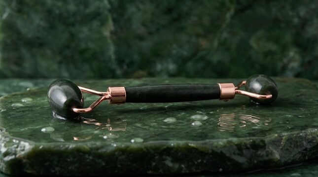 Green jade facial roller with copper accents resting upon a wet stone surface featuring scattered water droplets