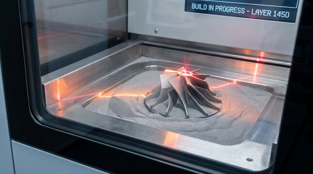 Advanced industrial metal 3D printing machine manufacturing a complex metallic turbine component using precise laser sintering technology