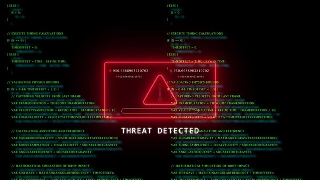  red warning interface with threat detected text and green program code
