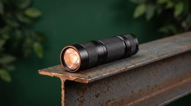 Modern black tactical flashlight resting on a rusty metal beam with a glowing warm light illuminating dark surroundings