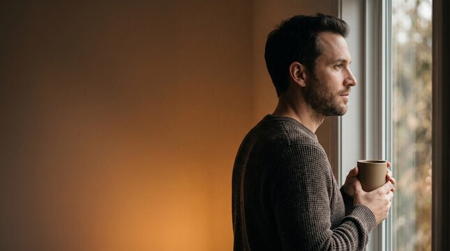 Man holding coffee cup looking out window thoughtful mood warm lighting cozy sweater