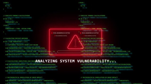 Cyber security dashboard with neon red danger triangle alert window and coding background