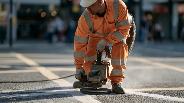 Road marking removal technician using scarifying grinder to strip faded paint from urban intersection surface, dust extraction attached, municipality infrastructure maintenance