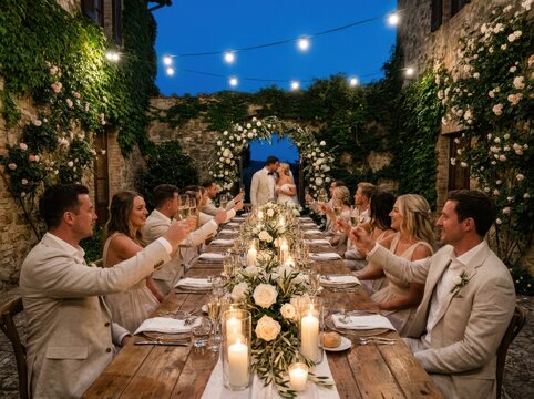 Wedding toast at an elegant courtyard dinner under string lights