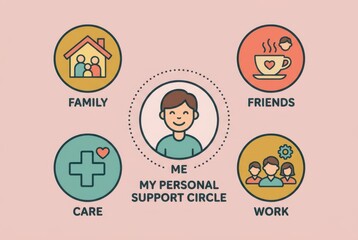 Fototapeta premium Support Network Infographic with Family Friends Care and Work