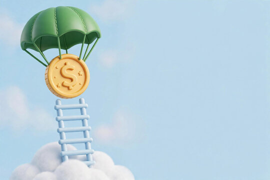 Bright green parachute securing shiny dollar coin on white ladder