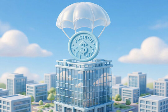 Fintech innovation symbolized by a light blue parachute with dollar