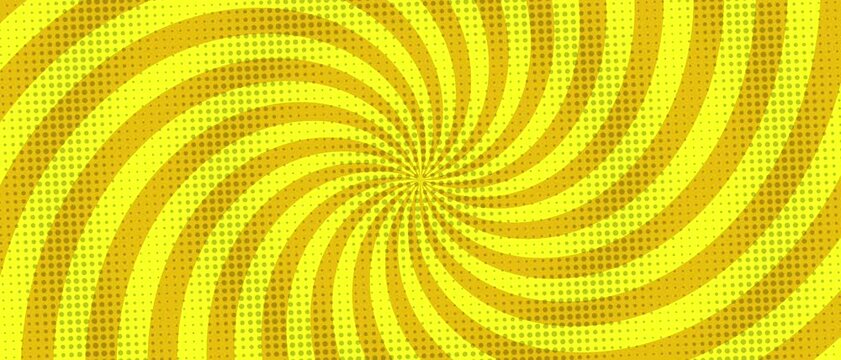 Yellow and orange halftone dot spiral rotating around the center, pop art comic background in
